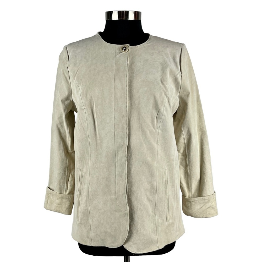 DENNIS BY DENNIS BASSO SUEDE LEATHER CREAM SUEDE COLLARLESS BUTTON DOWN JACKET